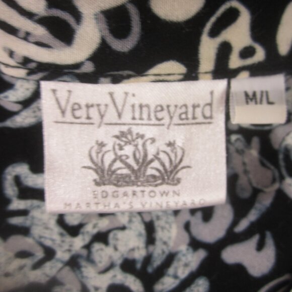 Very Vineyard Womens M / L Blue Gray Abstract Tropical Print Rayon Cropped Shirt - Picture 7 of 7